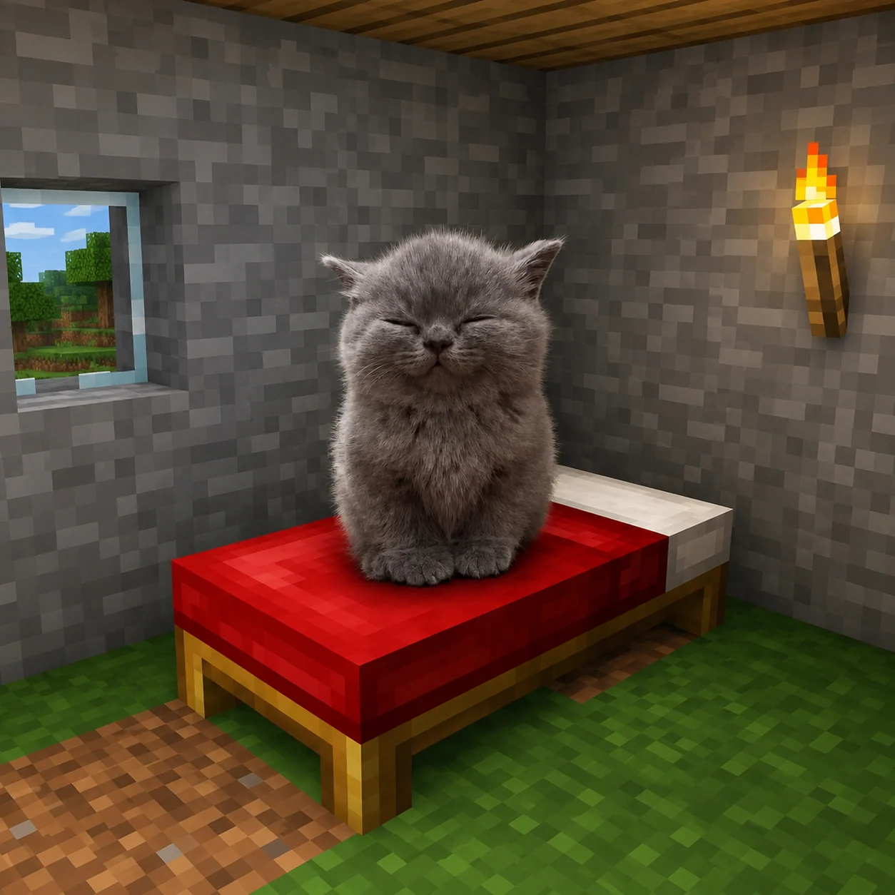 Cat On Bed in a stone room with a red bed