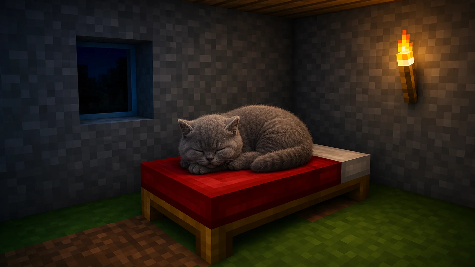 The same room at night, lit only by a torch